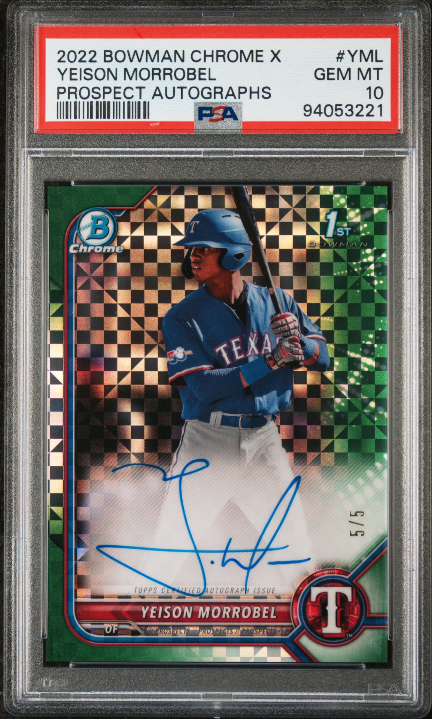 2022 Bowman Chrome X Prospect Auto Yeison Morrobel 5/5 Green PSA 10