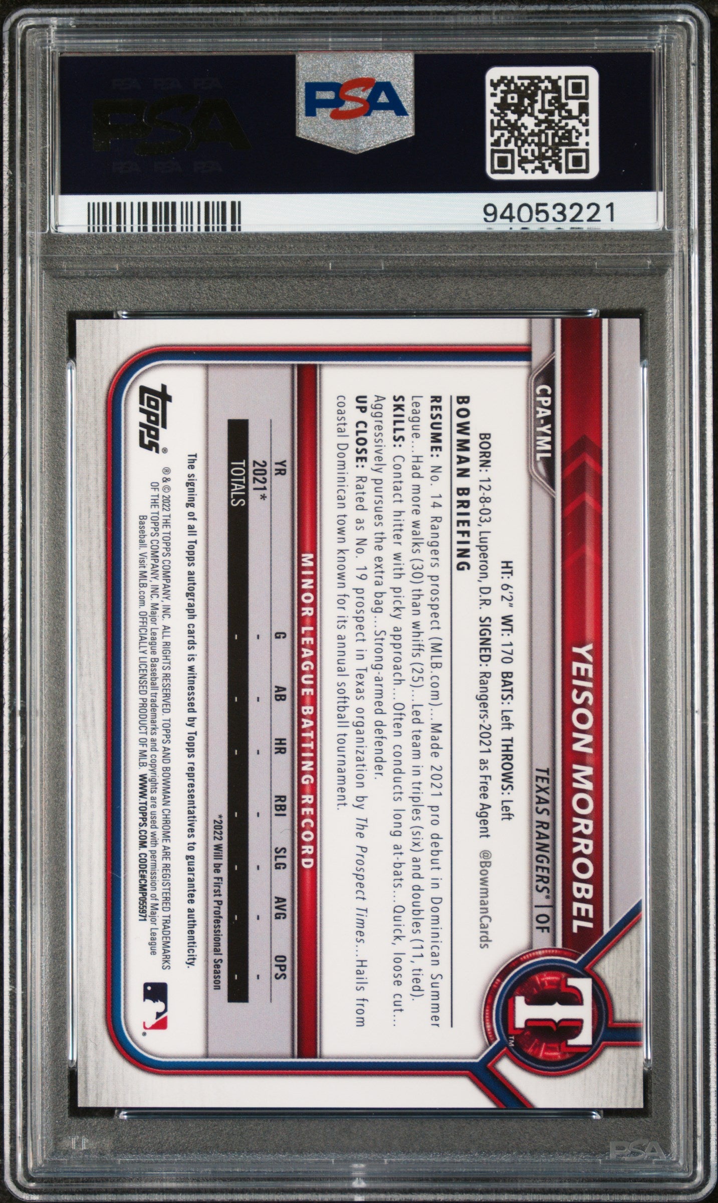 2022 Bowman Chrome X Prospect Auto Yeison Morrobel 5/5 Green PSA 10