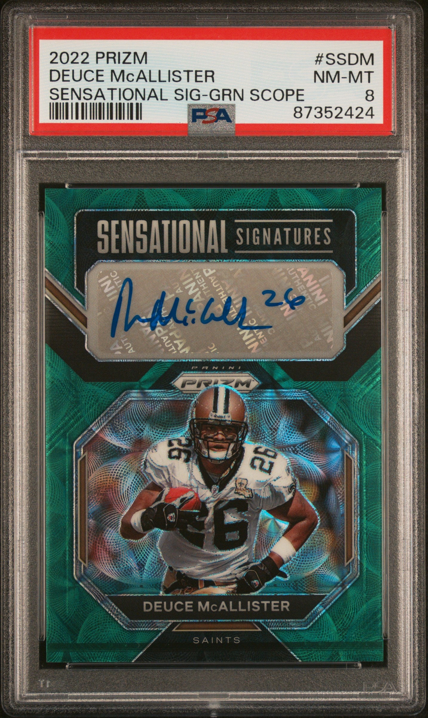 2022 Panini Prizm Sensational Signatures #SSDM Deuce Mcallister Green Scope PSA 8