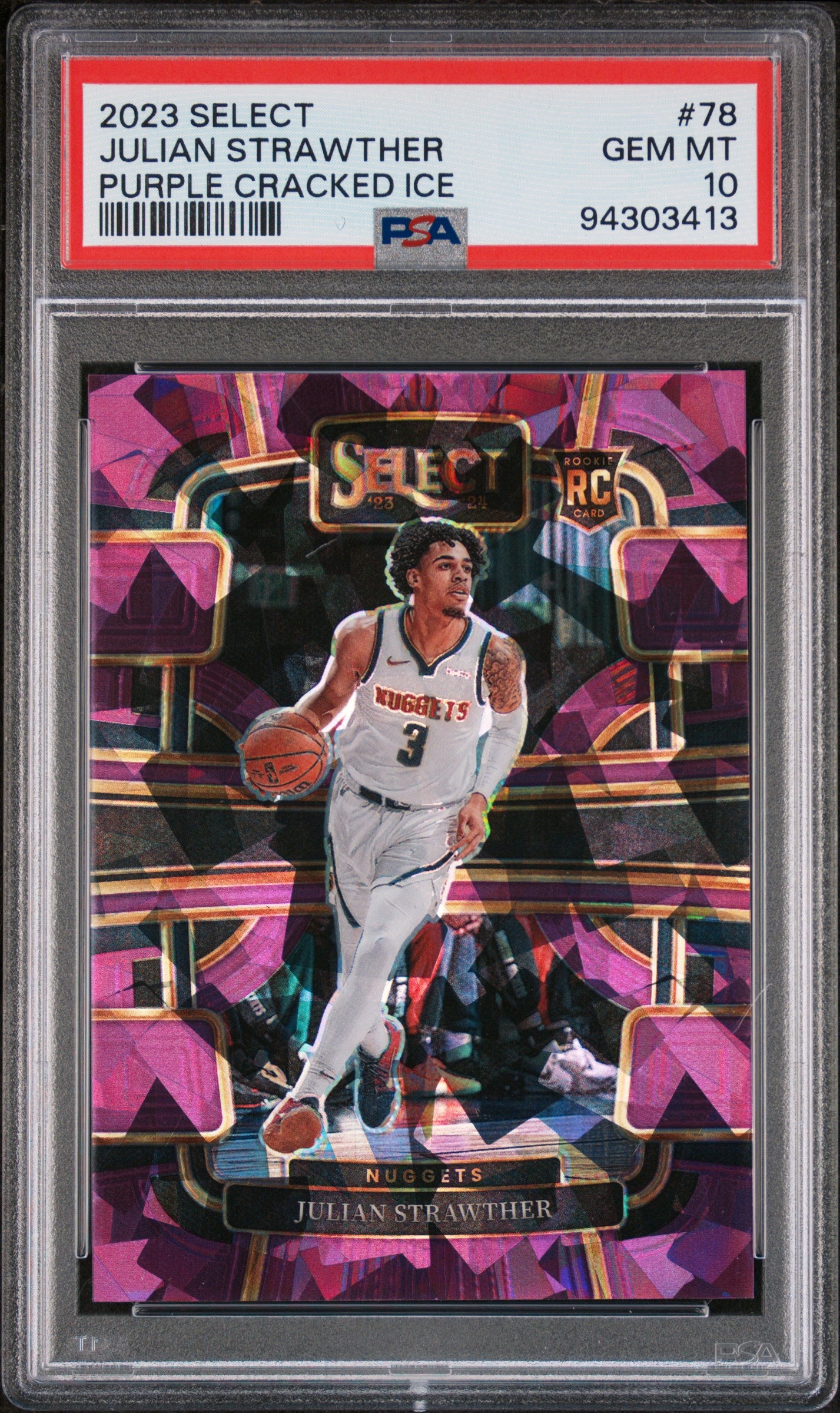 2023 Panini Select Purple Cracked Ice Julian Strawther #78 RC /99 PSA 10