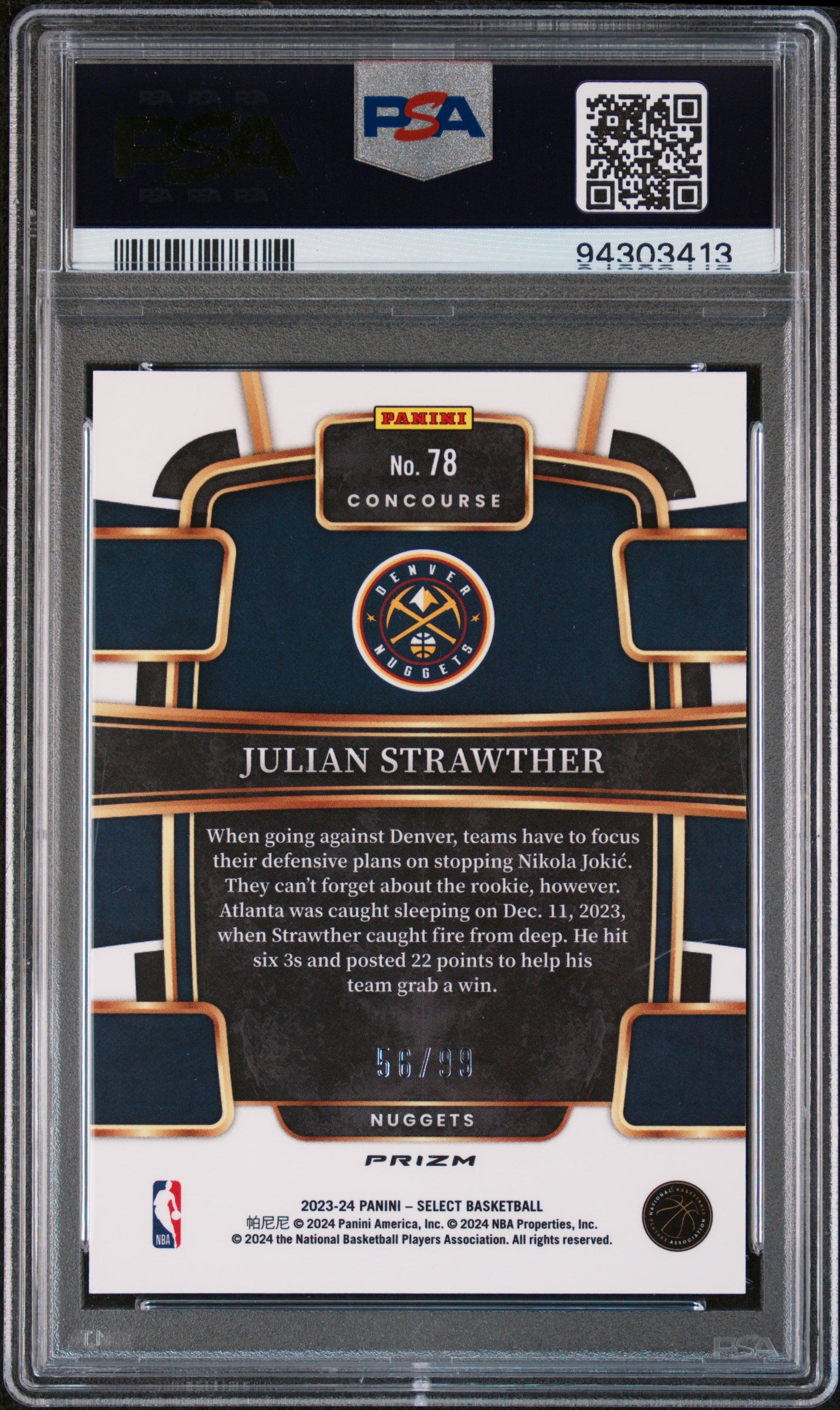 2023 Panini Select Purple Cracked Ice Julian Strawther #78 RC /99 PSA 10