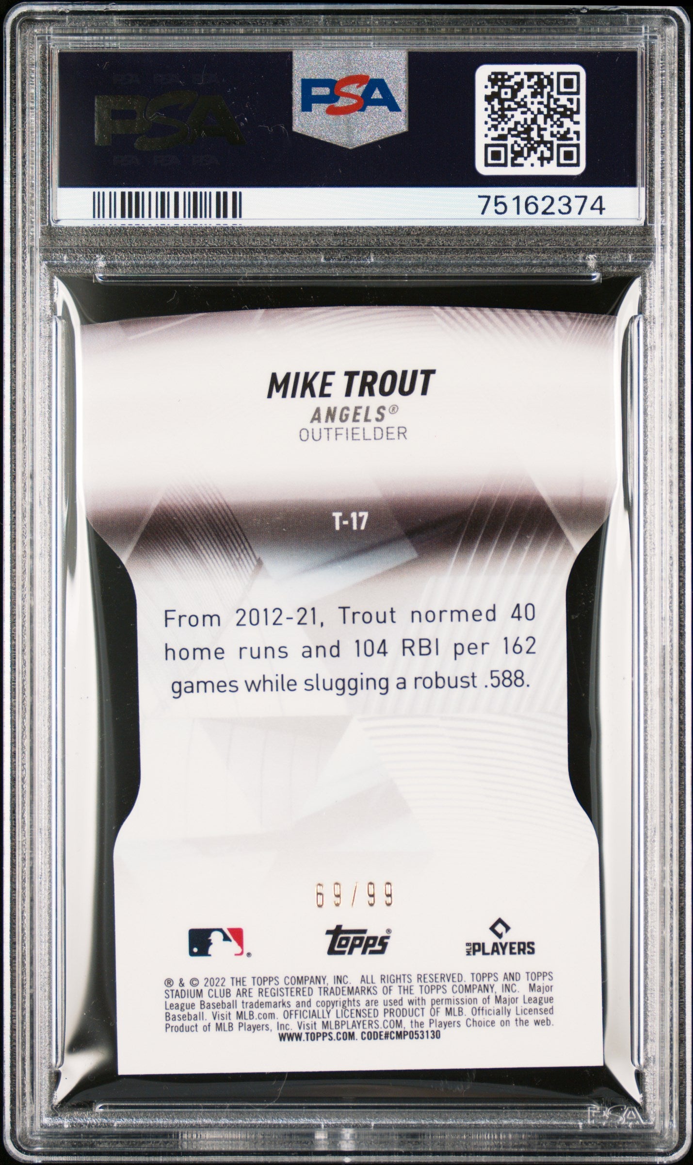 2022 Stadium Club Triumvirates-Black Mike Trout #T17 /99 PSA 10