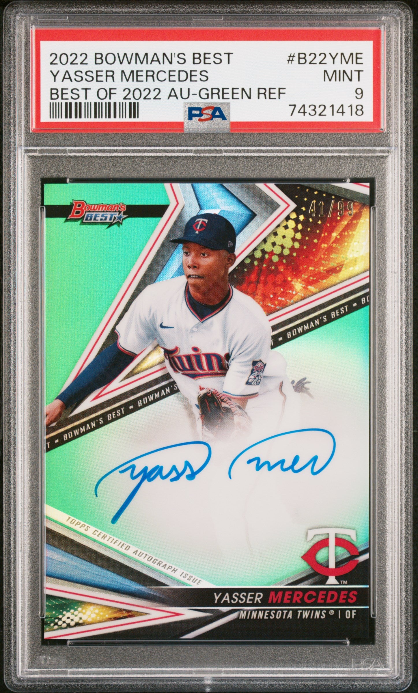 2022 Bowman's Best Best of 2022 Green Refractor Yasser Mercedes #B22YME Auto /99 PSA 9