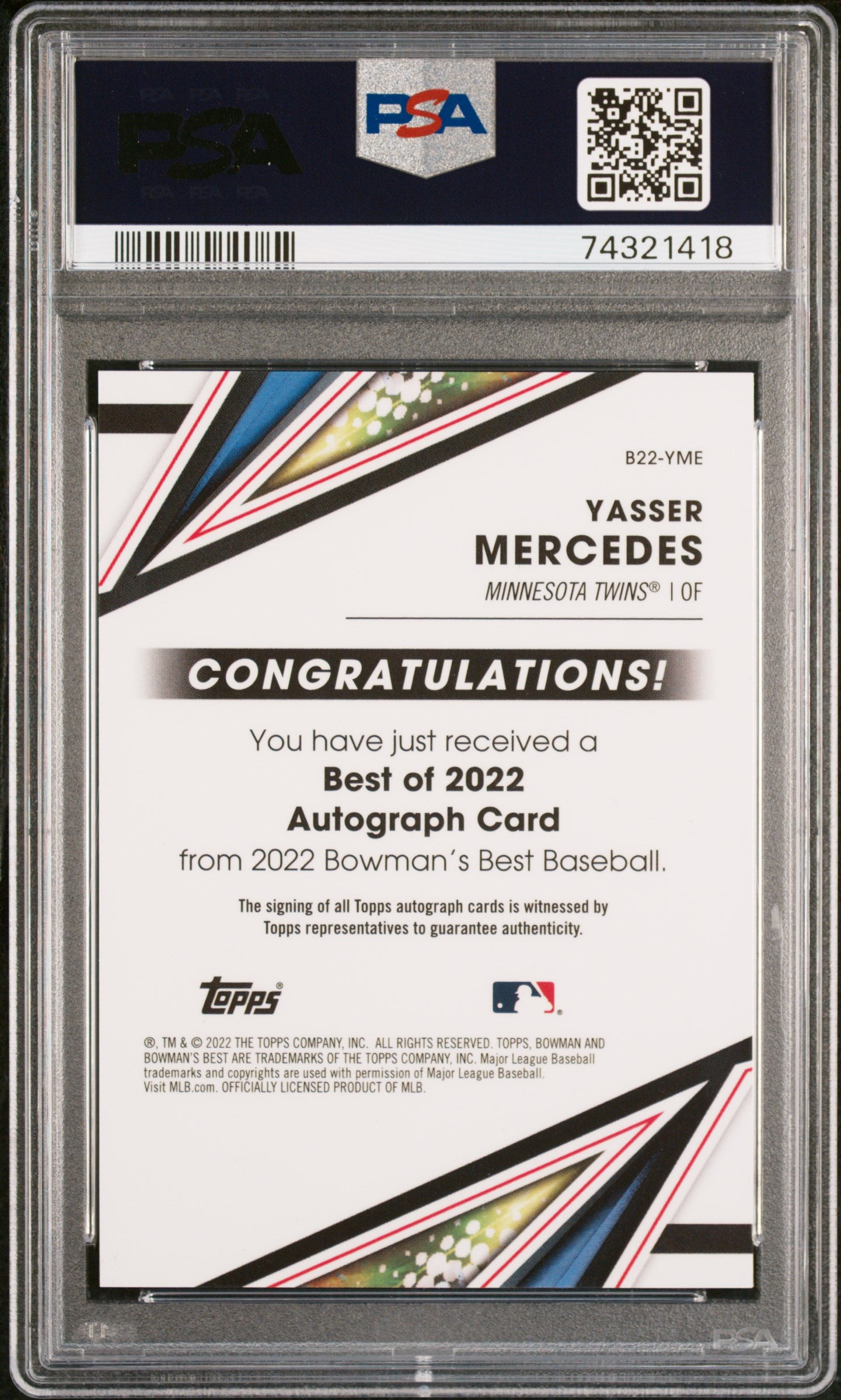 2022 Bowman's Best Best of 2022 Green Refractor Yasser Mercedes #B22YME Auto /99 PSA 9