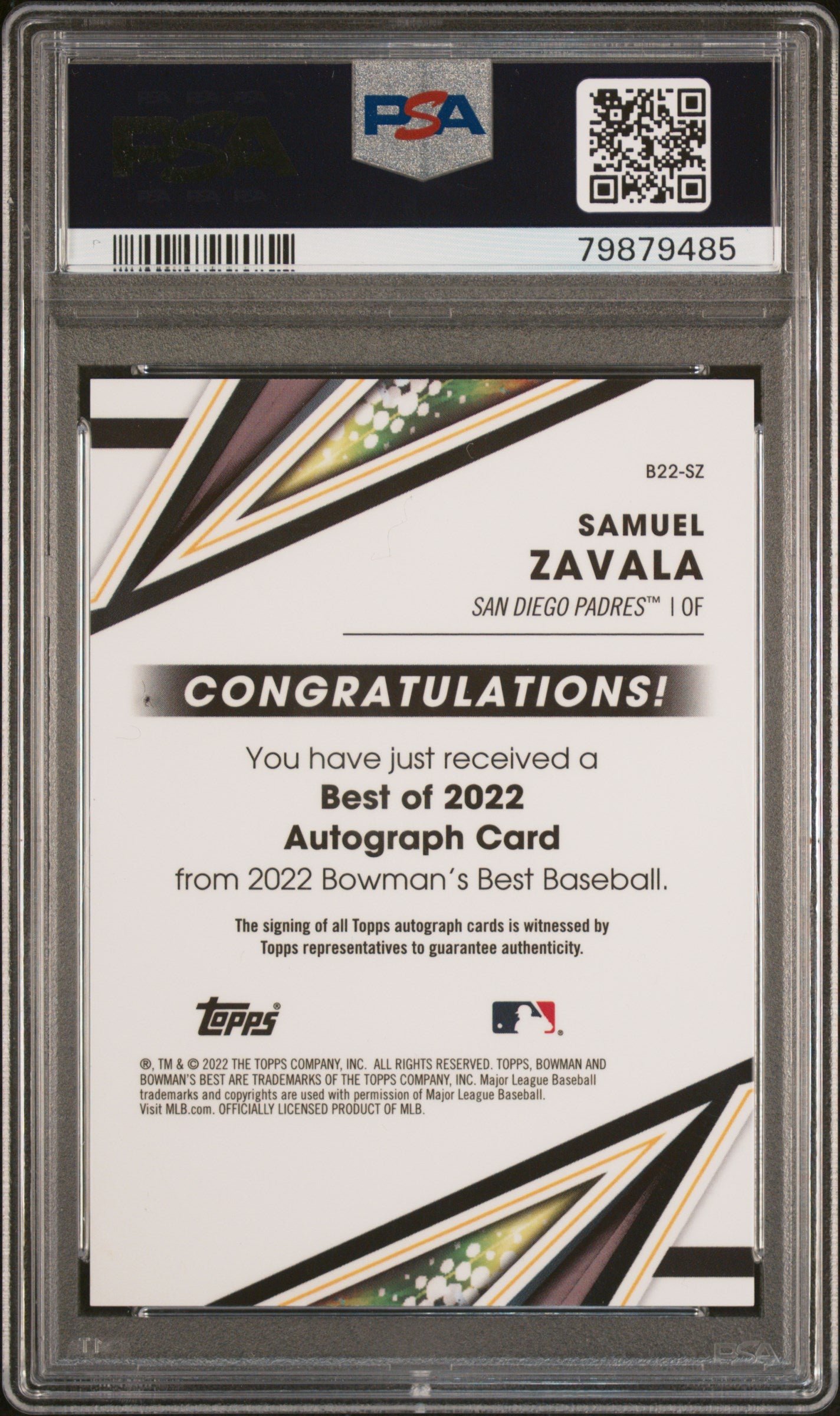 2022 Bowman's Best Blue Refractor Samuel Zavala #B22SZ Auto /150 PSA 10