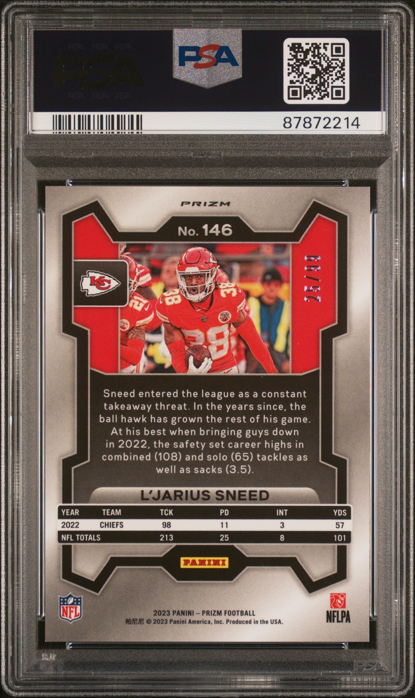 2023 Panini Prizm Blue Ice L'Jarius Sneed #146 /99 PSA 10