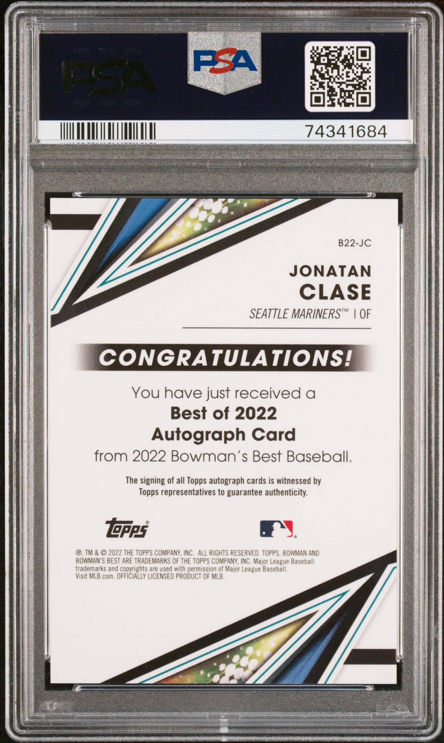 2022 Bowman's Best #B22JC Jonatan Clase Best of '22 Autographs PSA 10