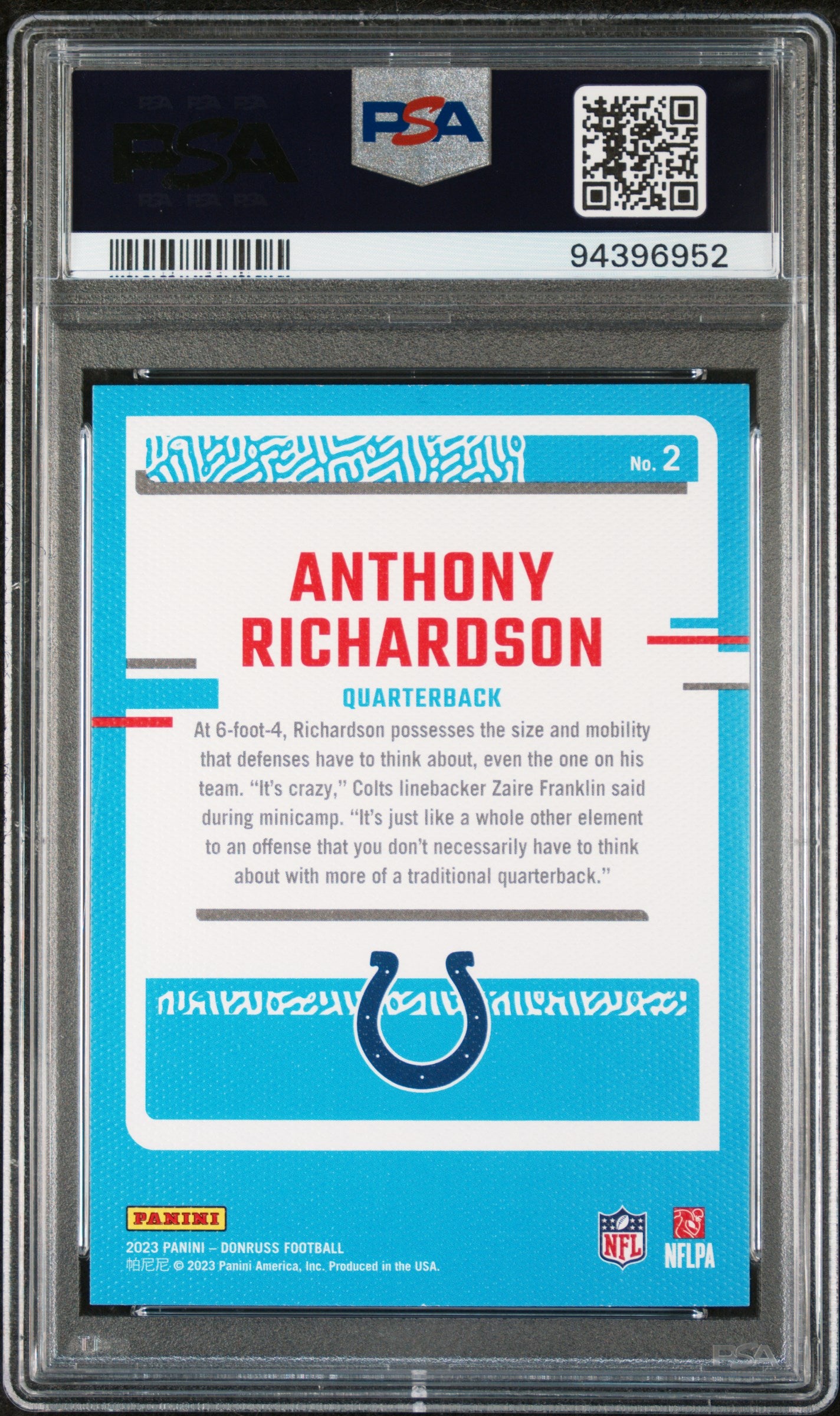 2023 Panini Donruss Rated Rookies Portrait Anthony Richardson #2 PSA 10