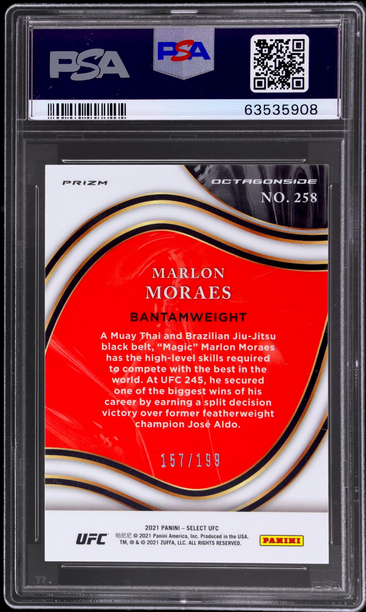 2021 Panini Select UFC #258 Marlon Moraes Red Disco Prizm /199 PSA 10