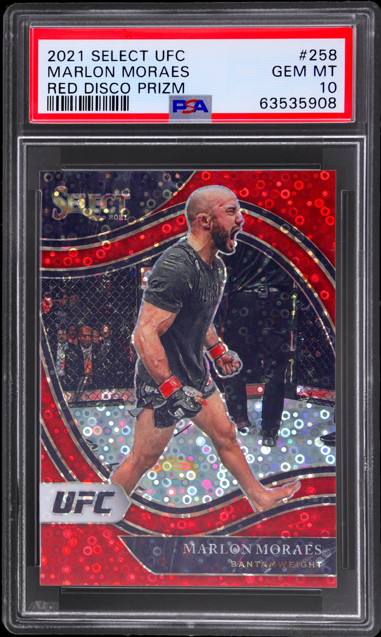 2021 Panini Select UFC #258 Marlon Moraes Red Disco Prizm /199 PSA 10