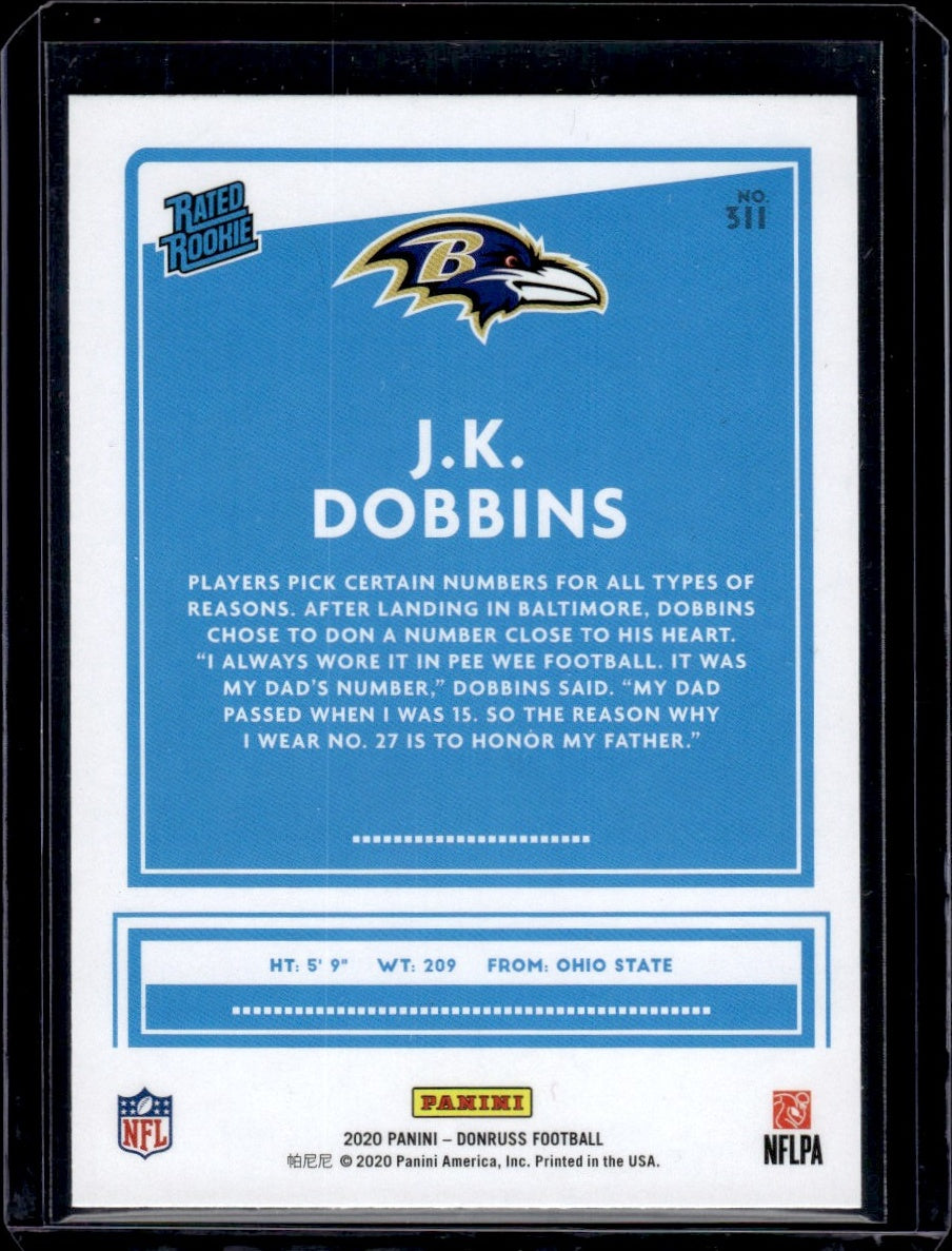 2020 Panini Donruss #311 J.K. Dobbins Rated Rookie Press Rookie Yellow