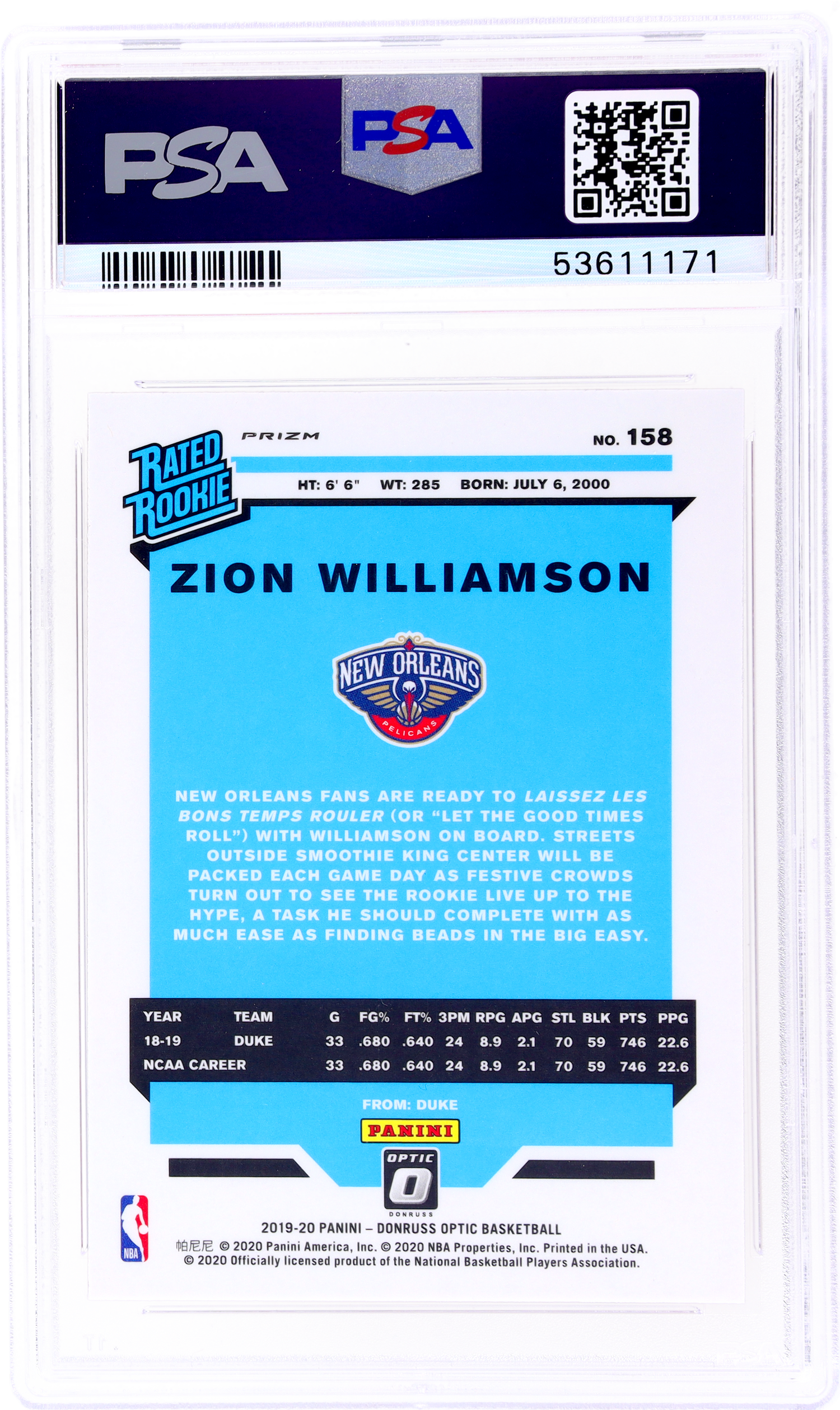 2019 Donruss Optic #158 Zion Williamson Hyper Pink PSA 9