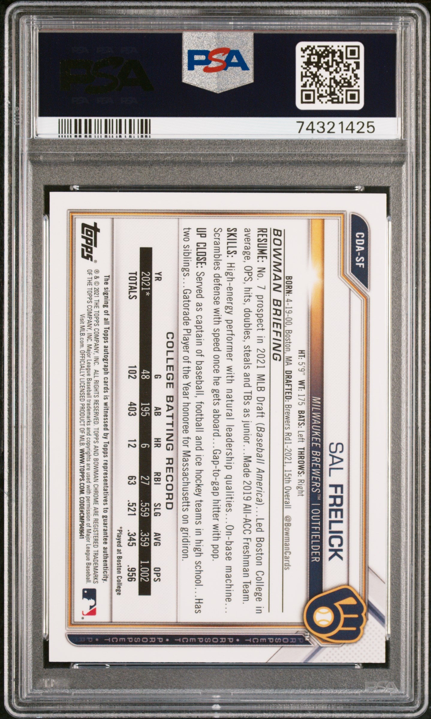 2021 Bowman Draft Chrome Autograph Sal Frelick #CDASF PSA 10