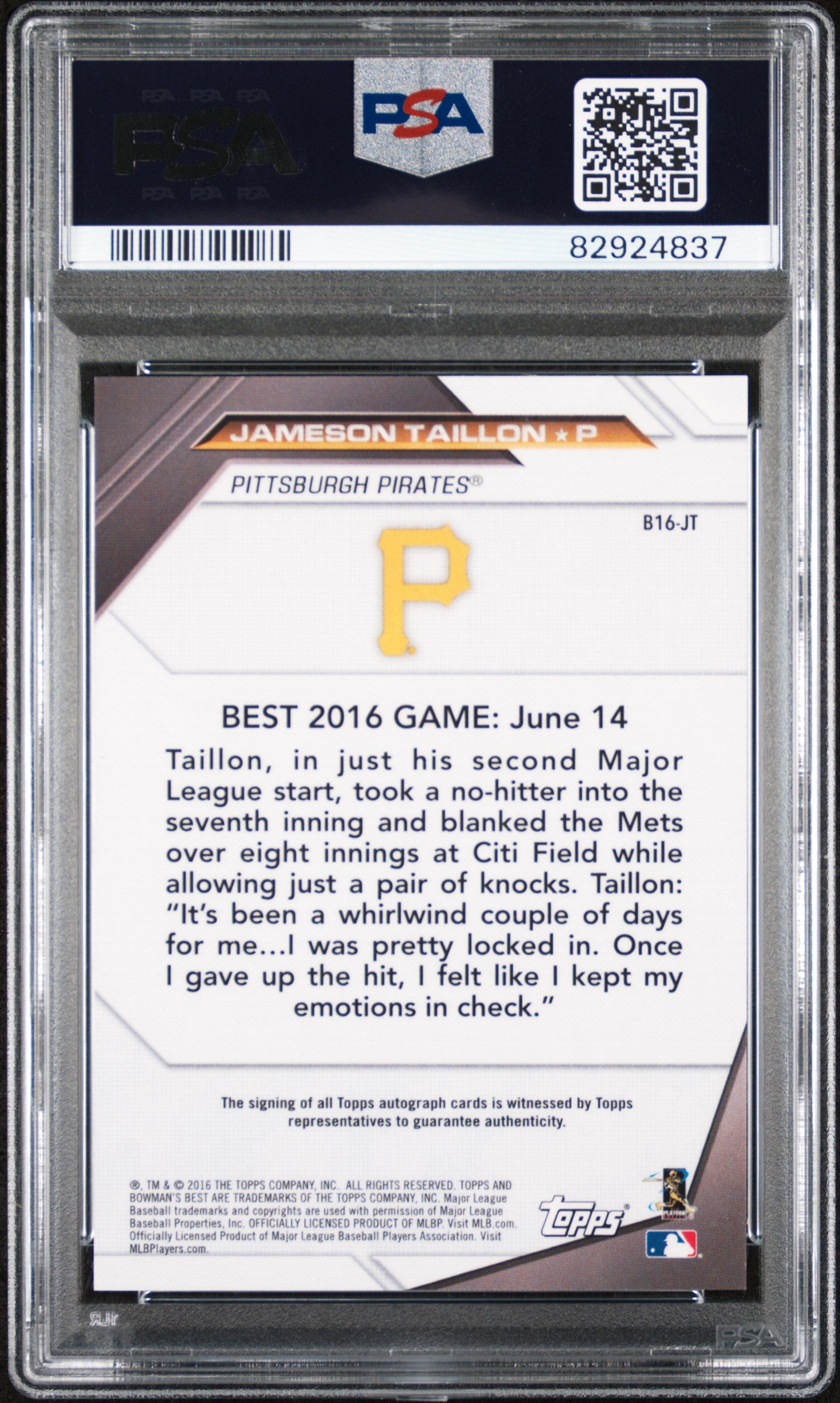 2016 Bowman's Best Jameson Taillon Best of '16 Auto Green Rookie /99 PSA 10 RC