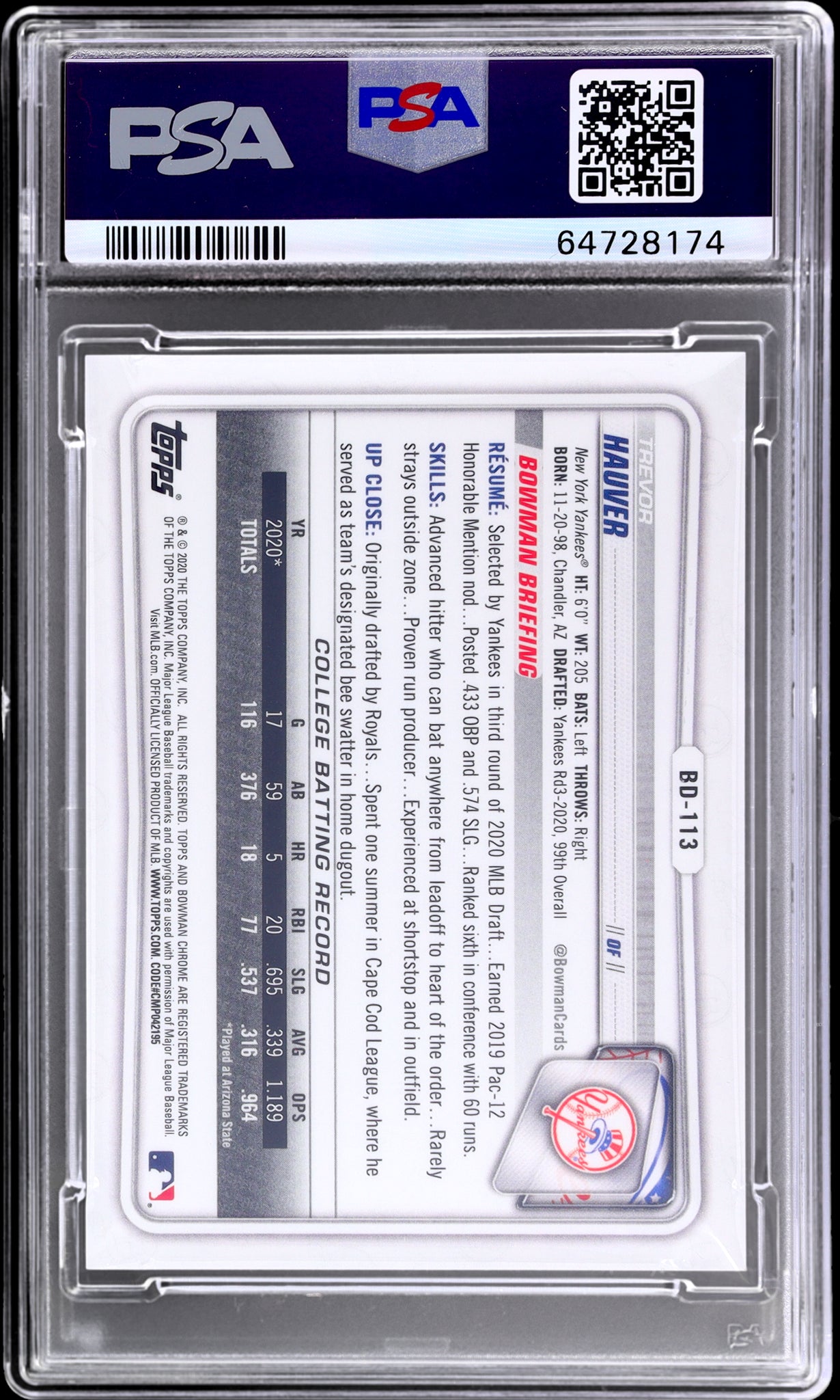 2020 Bowman Draft Gold Refractor Trevor Hauver #BD113 /50 PSA 9