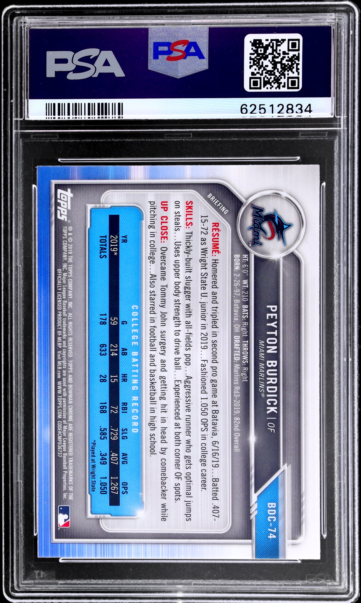 2019 Bowman Draft Sapphire Chrome Peyton Burdick #BDC74 PSA 10