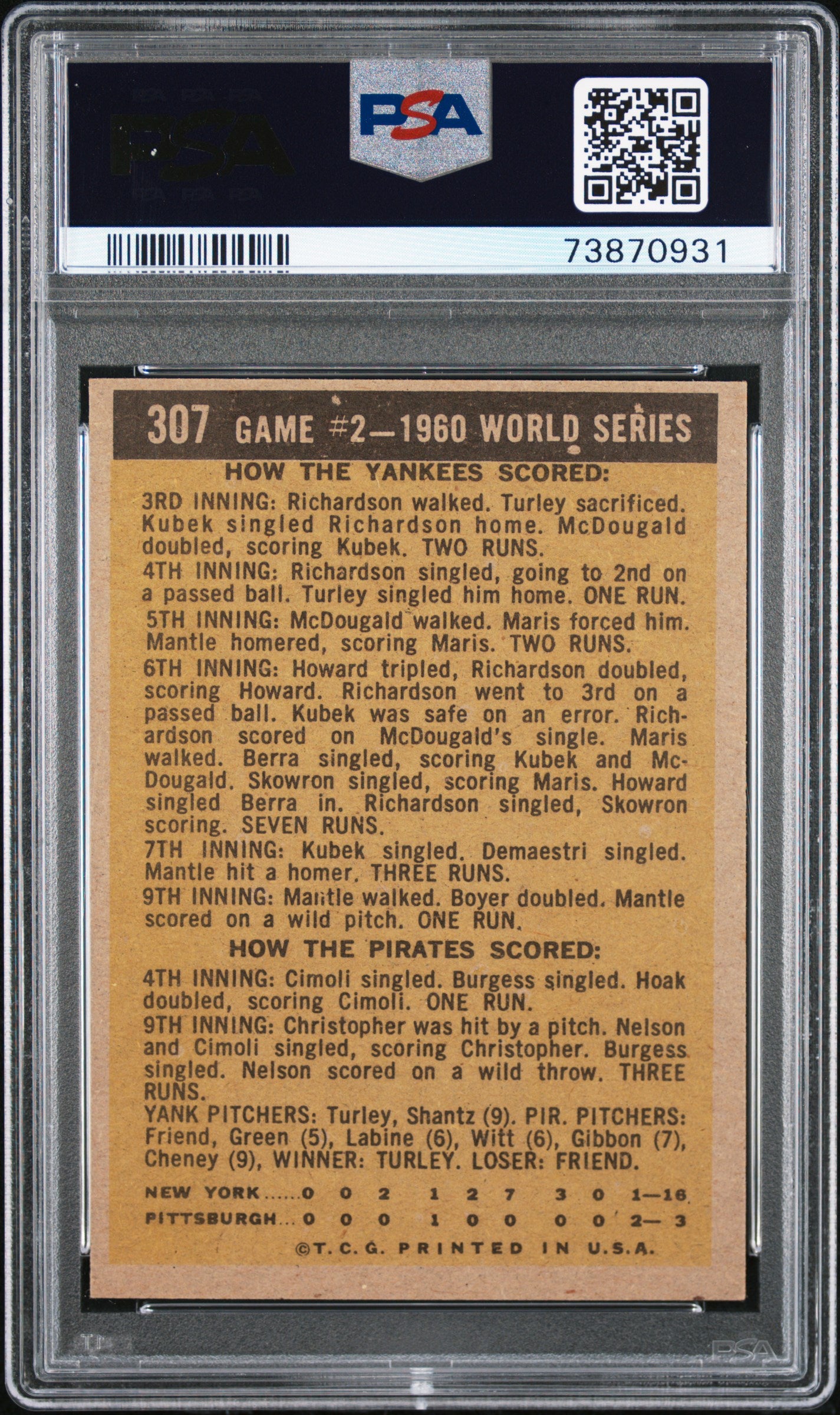 1961 Topps World Series Game 2 #307 PSA 7