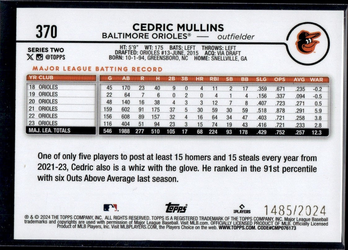 2024 Topps #370 Cedric Mullins Series Two /2024 Baltimore Orioles