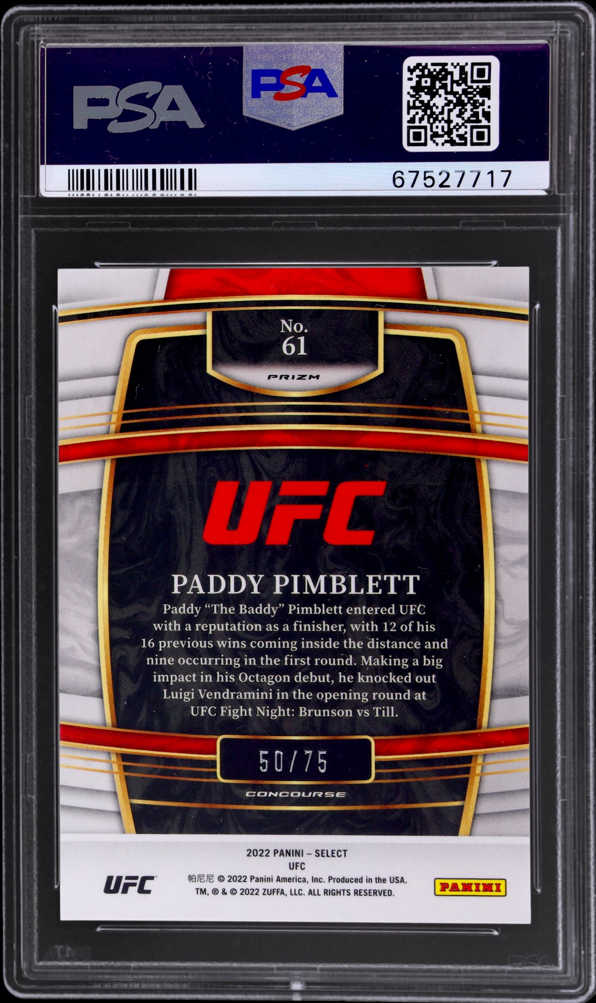 2022 Panini Select UFC #61 Paddy Pimblett White /75 PSA 10