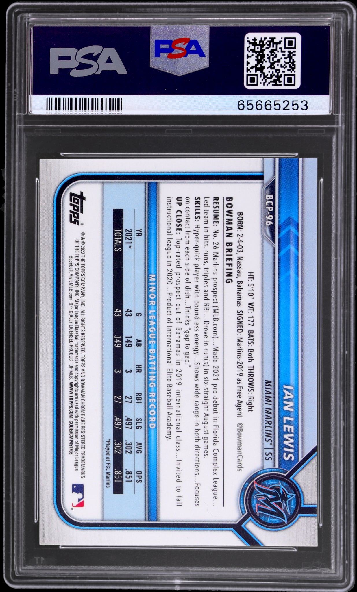 2022 Bowman Chrome 1st Yellow Mini Diamond Refractor Ian Lewis /75 PSA 9