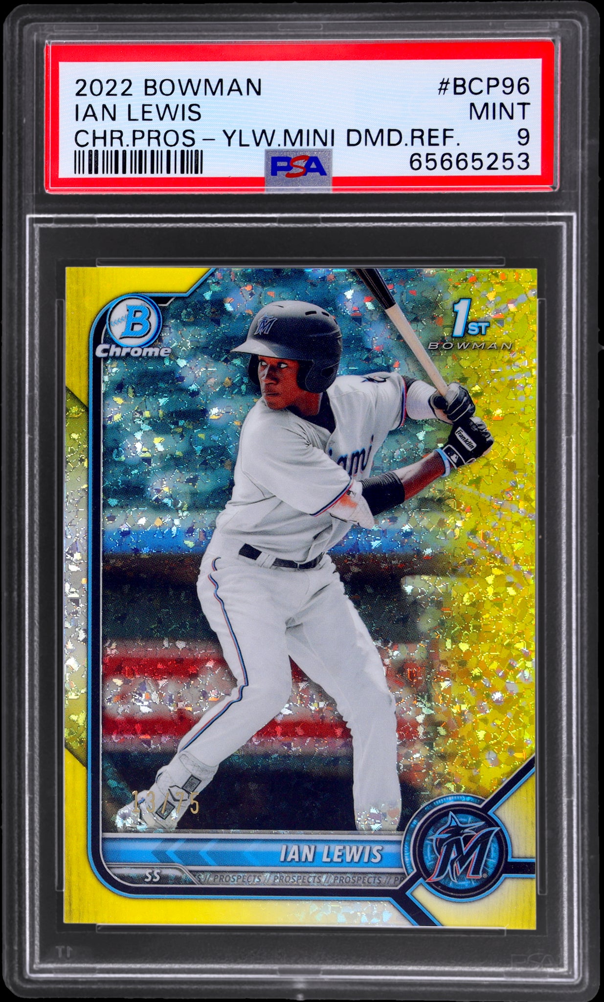 2022 Bowman Chrome 1st Yellow Mini Diamond Refractor Ian Lewis /75 PSA 9