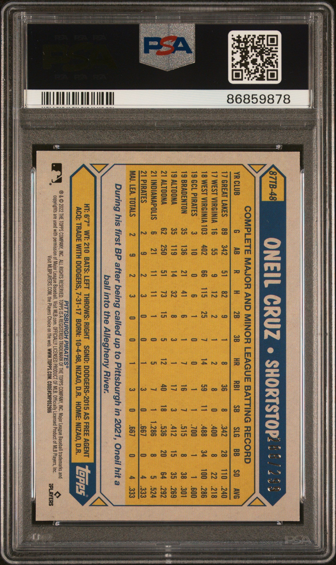 2022 Topps 1987 Black Oneil Cruz #87TB48 RC /299 PSA 10
