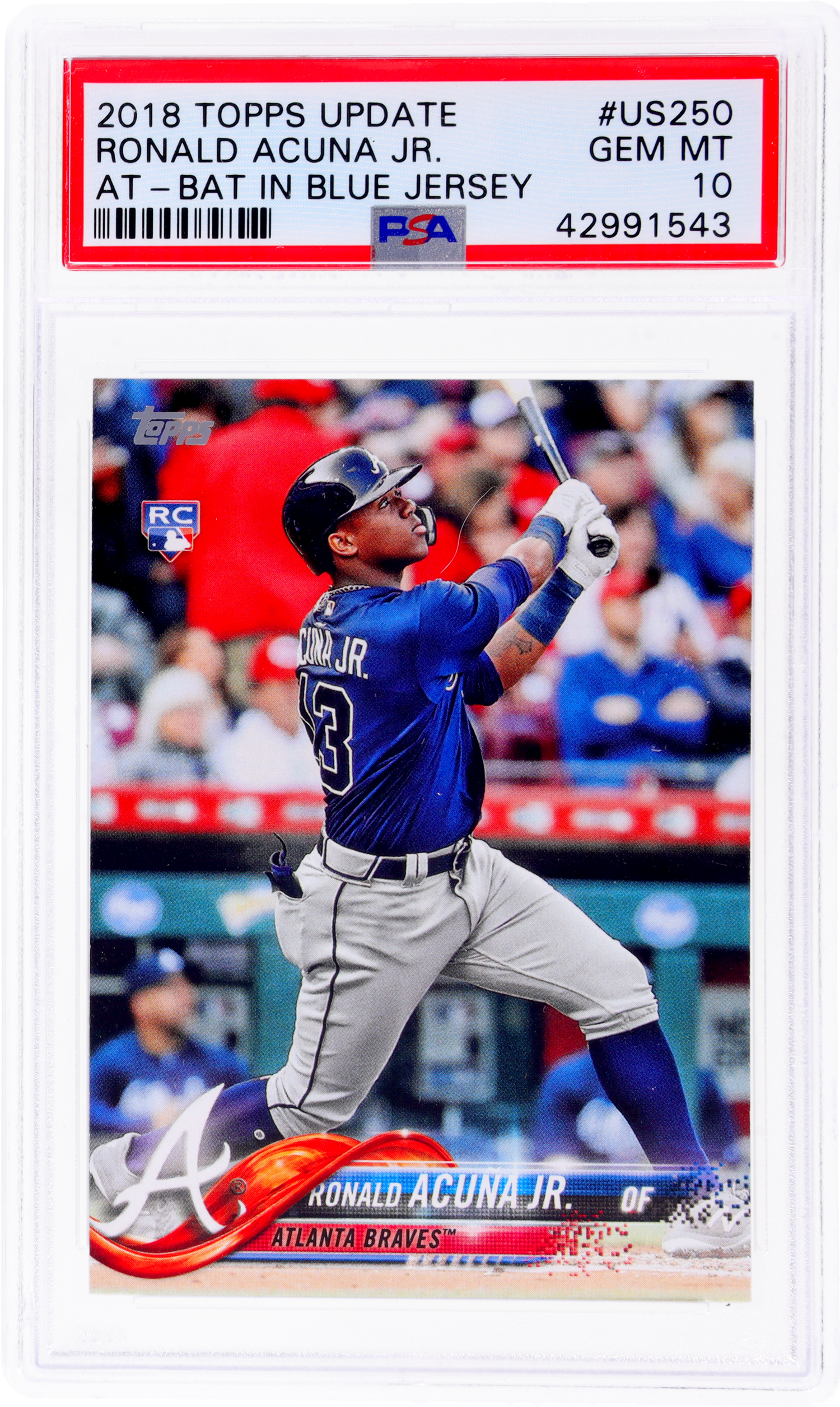 2018 Topps Update #US250 Ronald Acuna Jr. At Bat In Blue Jersey PSA 10