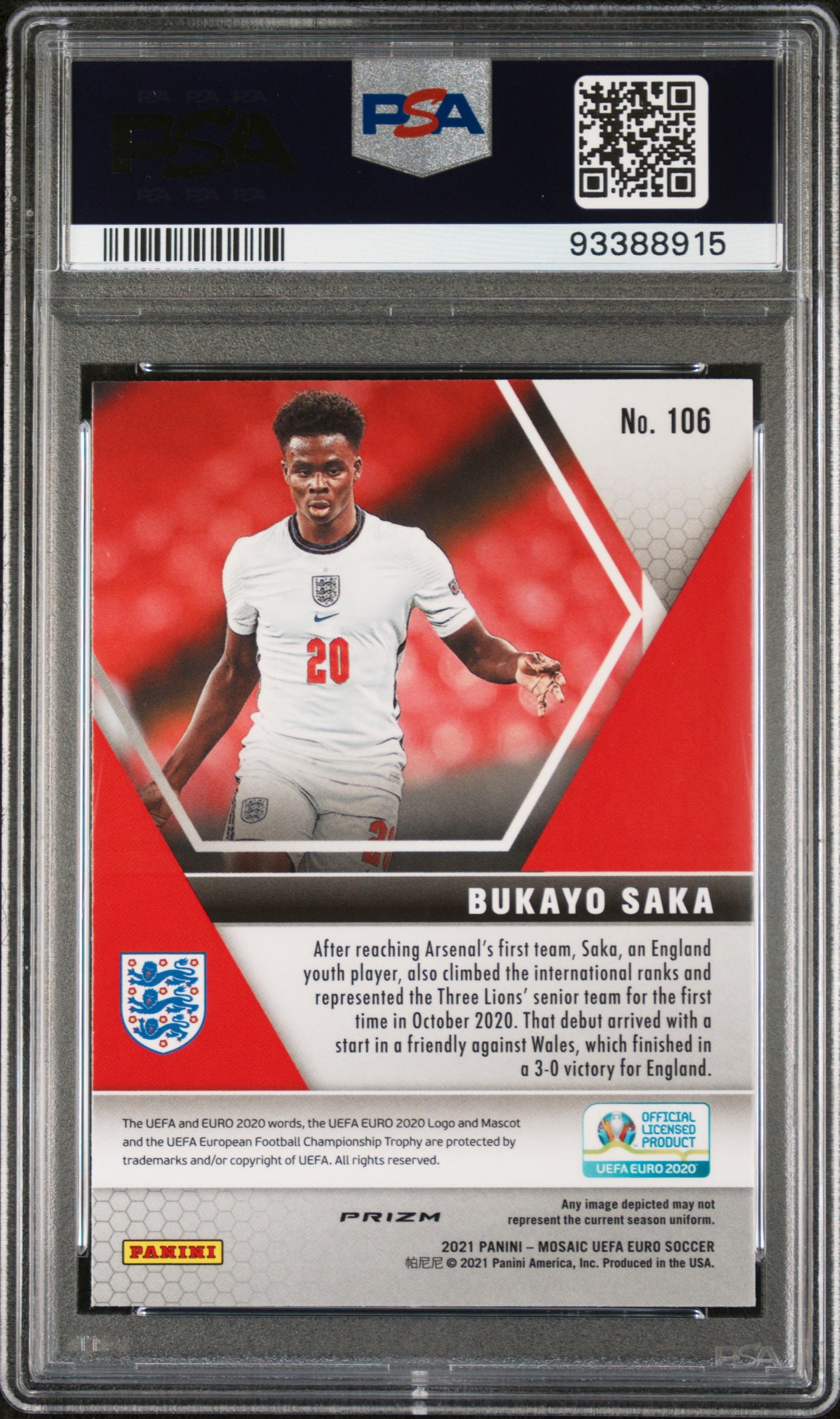 2020 Panini Mosaic UEFA Euro 2020 #106 Bukayo Saka Red Mosaic PSA 10