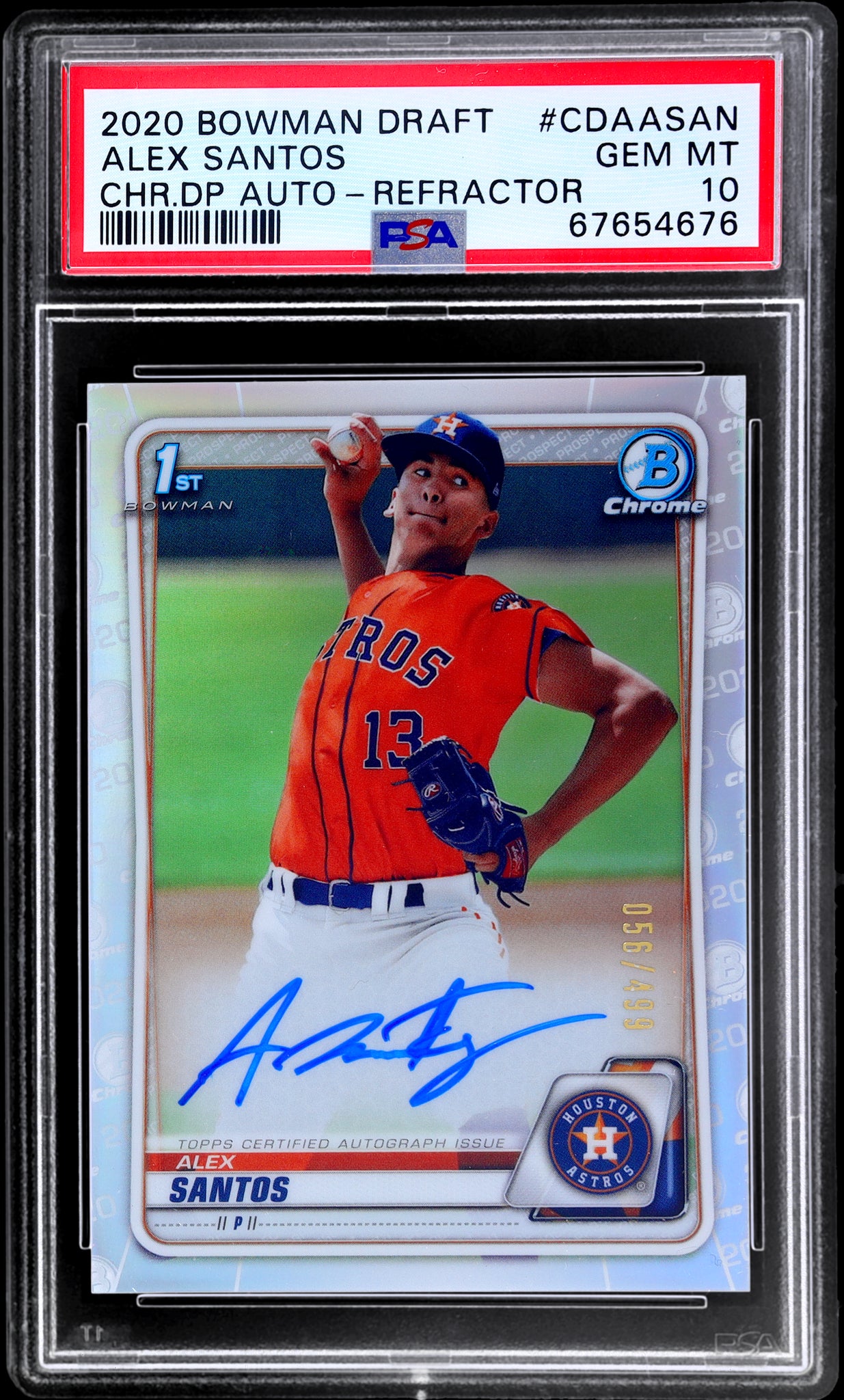 2020 Bowman Draft Chrome Autograph Refractor Alex Santos /499 PSA 10