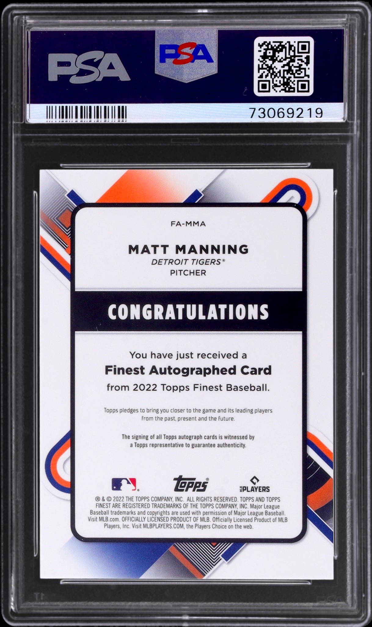 2022 Finest Autograph Gold Refractor Matt Manning #FAMMA /50 PSA 9