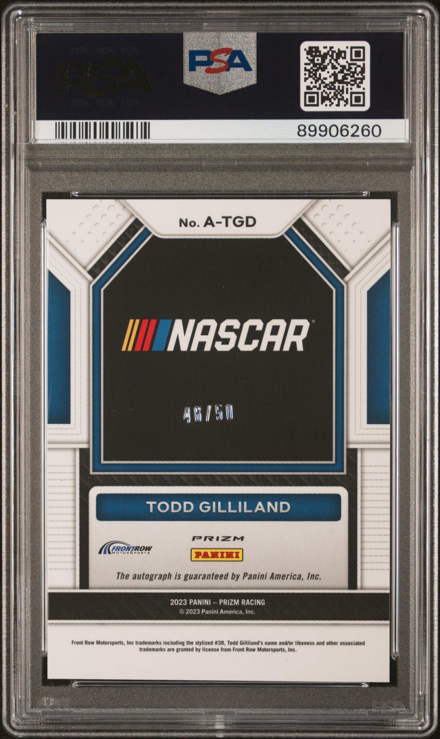 2023 Panini Prizm Nascar Autographs #ATGD Todd Gilliland Autograph-Checkered Flag PSA 10