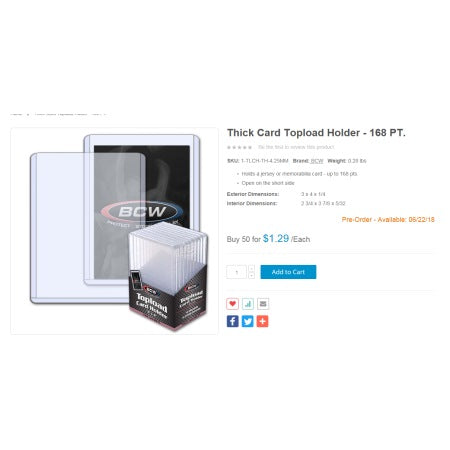 BCW Thick Card Topload Holder 168PT (10 Count) - Standard Size