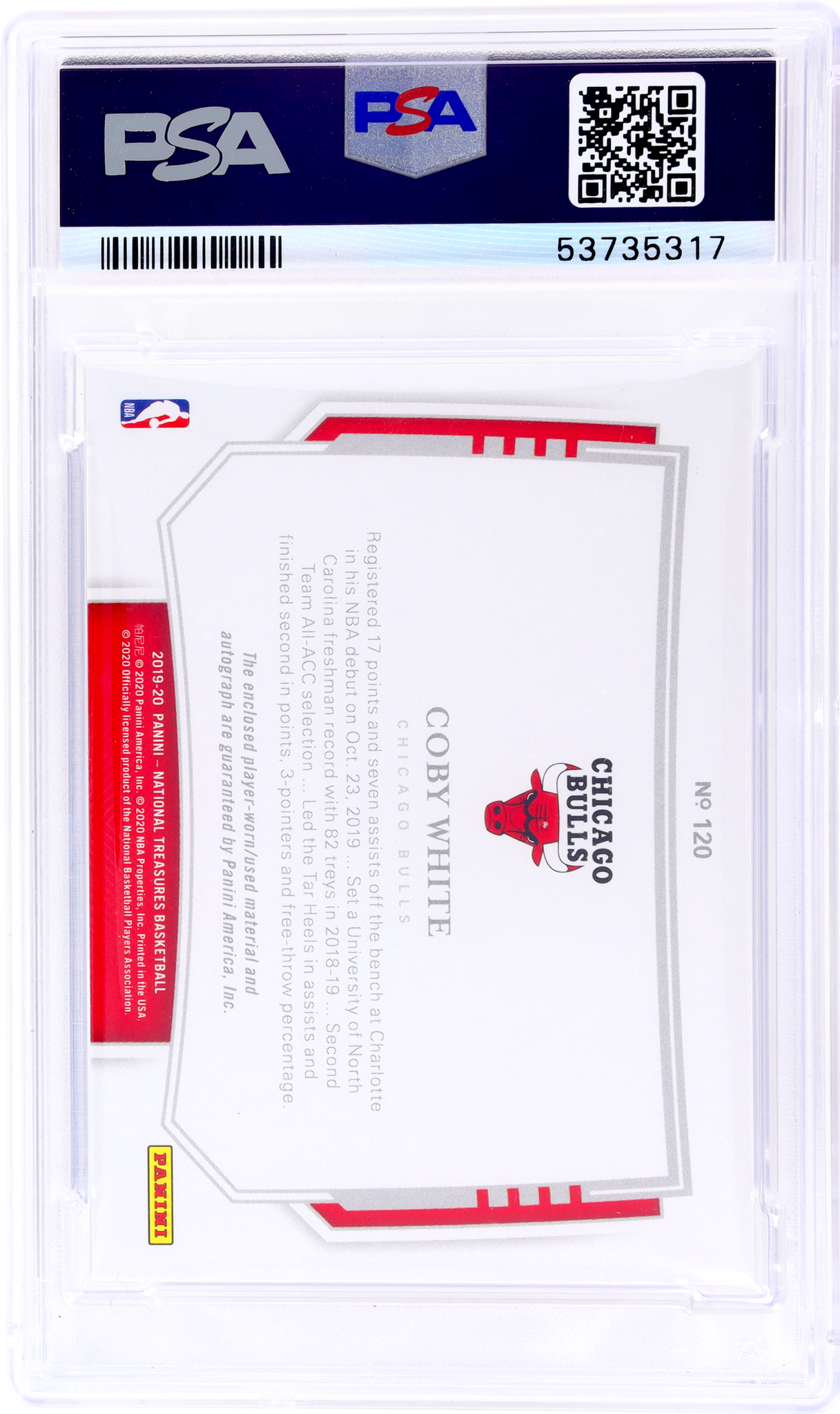 2019 National Treasures #120 Coby White Rookie Patch Autograph Horizontal /75 PSA 10