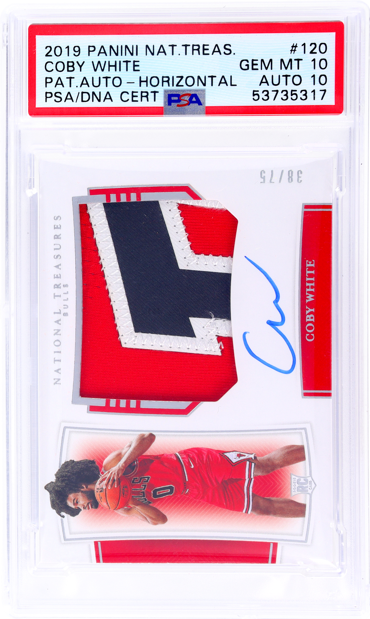 2019 National Treasures #120 Coby White Rookie Patch Autograph Horizontal /75 PSA 10