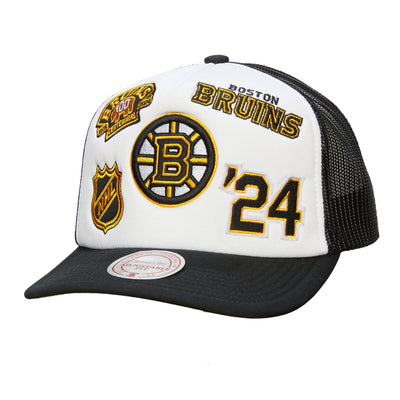 Boston Bruins Mitchell & Ness Gridlock Trucker Adjustable Hat - White/Black