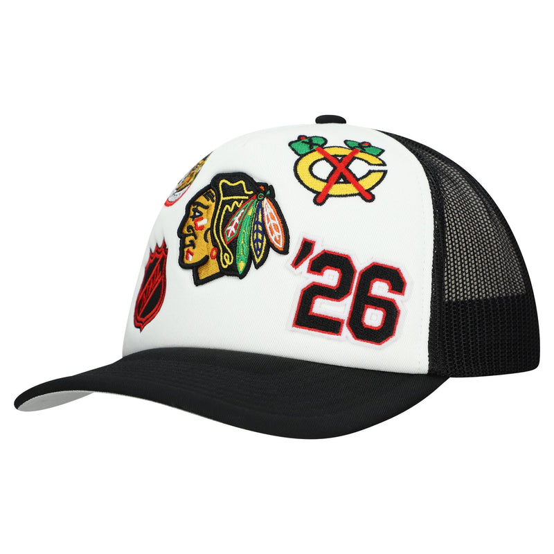 Chicago Blackhawks Mitchell & Ness Gridlock Trucker Adjustable Hat - White/Black