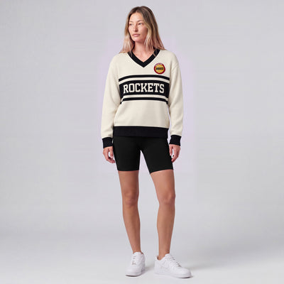 Mitchell & Ness Women's Houston Rockets Cream/Black Retro Roots V-Neck Sweater