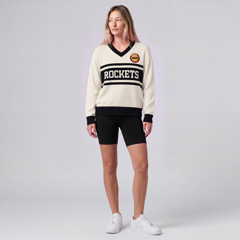 Mitchell & Ness Women's Houston Rockets Cream/Black Retro Roots V-Neck Sweater