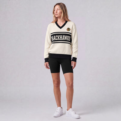 Mitchell & Ness Women's Chicago Blackhawks Cream/Black Retro Roots V-Neck Sweater
