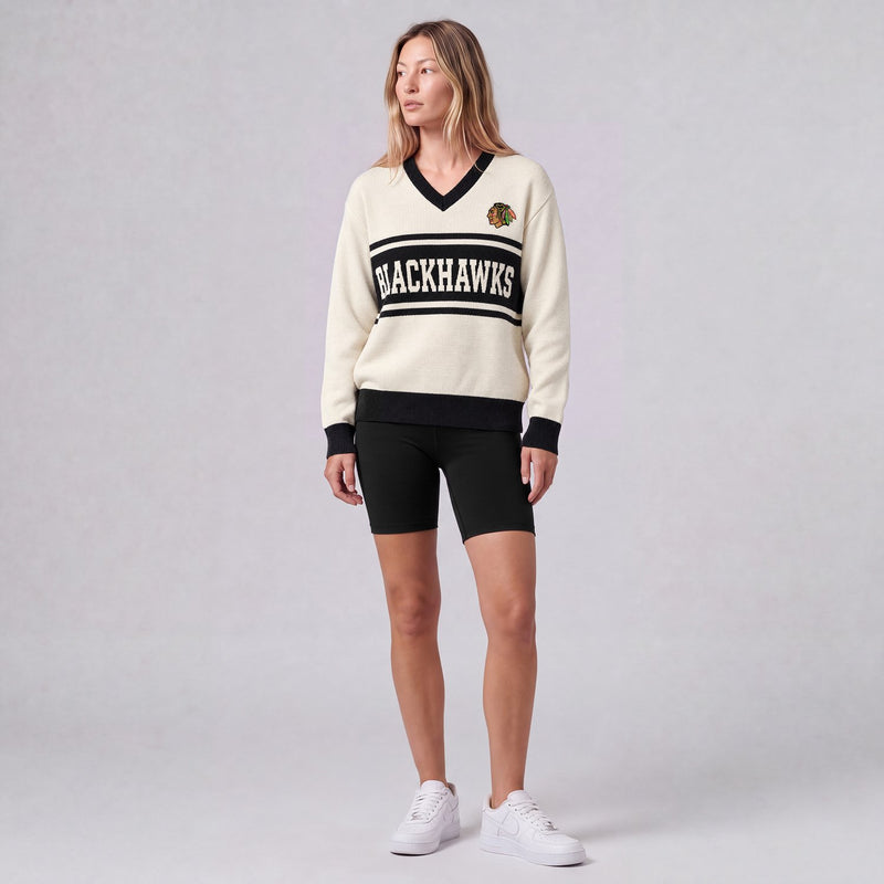 Mitchell & Ness Women's Chicago Blackhawks Cream/Black Retro Roots V-Neck Sweater