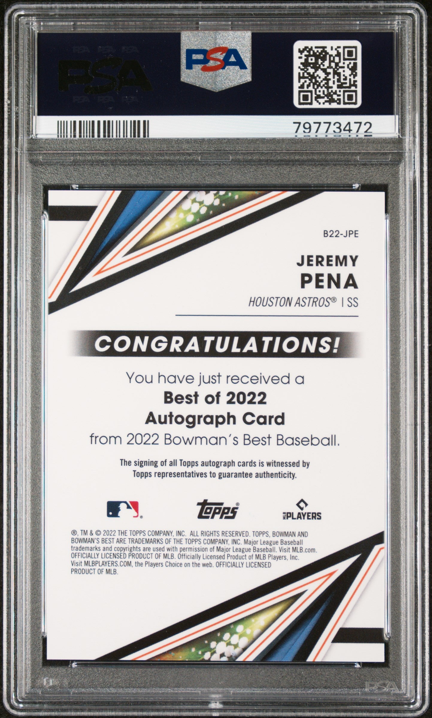 2022 Bowman's Best Jeremy Pena Best of '22 Auto Gold Lava Refractor /75 RC PSA 9