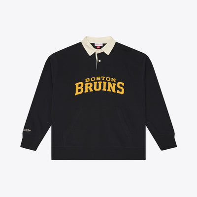 Mitchell & Ness Boston Bruins Black Retro Roots French Terry Fleece Polo Sweatshirt