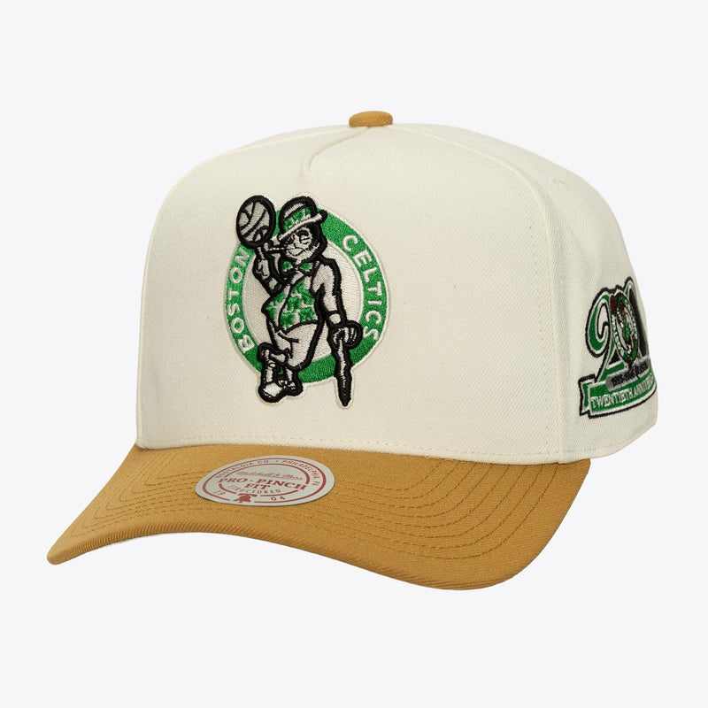 Mitchell & Ness Boston Celtics Cream/Brown Hardwood Classics Dusted Double Pro Pinch Snapback Hat