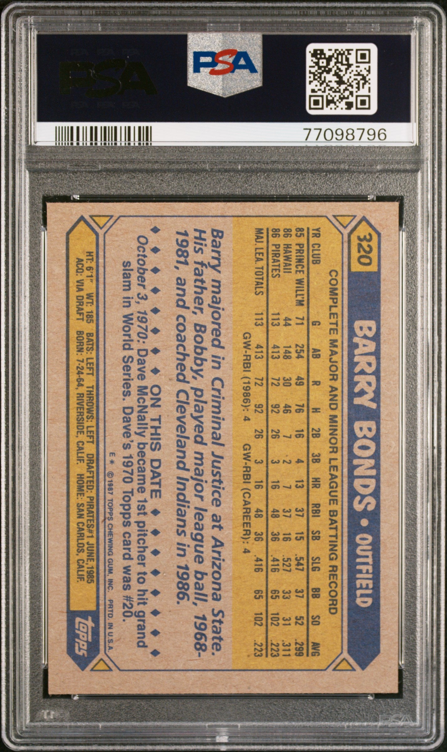 1987 Topps Barry Bonds #320 PSA 8