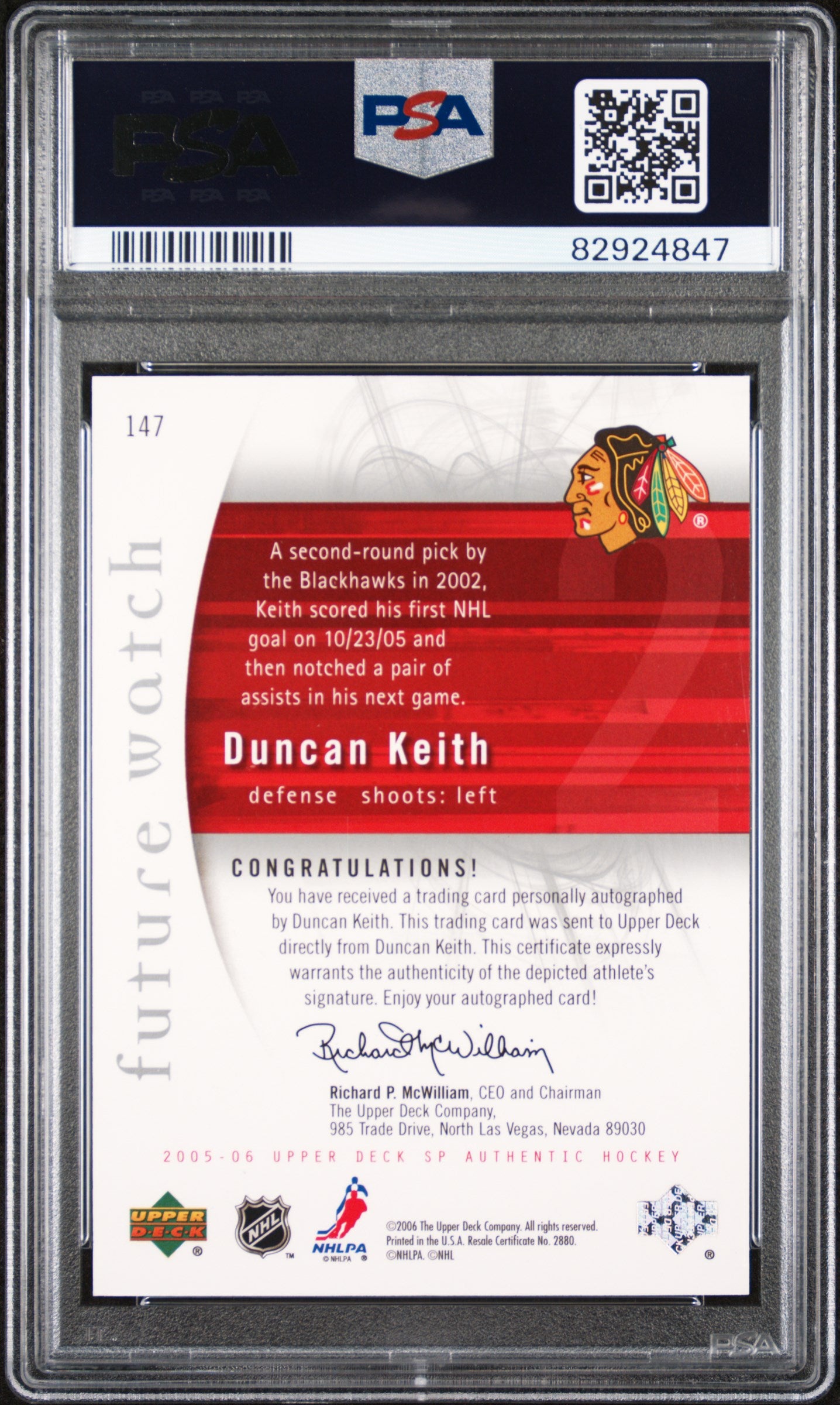 2005 SP Authentic #147 Duncan Keith /999 PSA 9