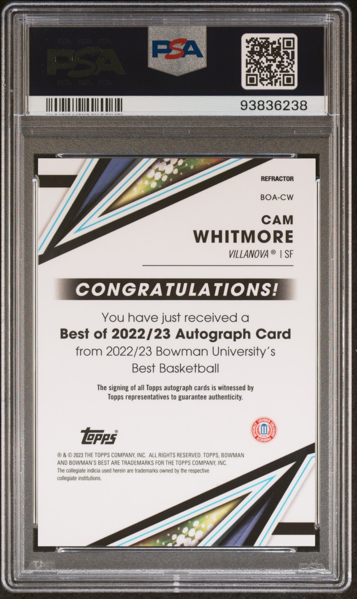 2022 Bowman's Best University #BOACW Cam Whitmore Best of '22 Autographs Refractors PSA 9