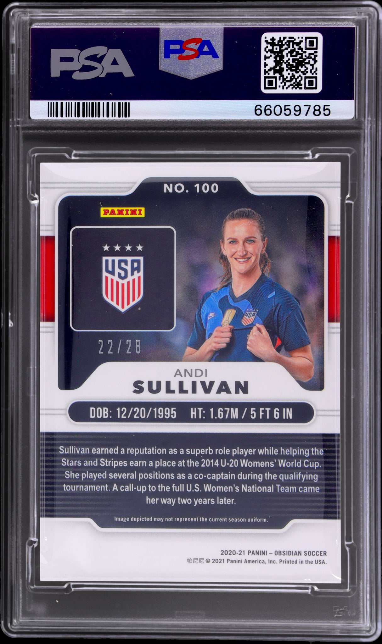 2020 Panini Obsidian #100 Andi Sullivan Electric Etch Red Flood /28 PSA 10