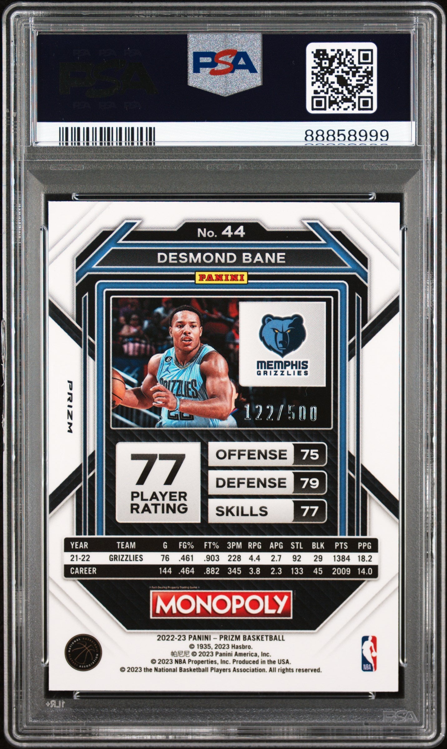 2022 Panini Prizm Monopoly #44 Desmond Bane Gold Money Shimmer Prizm /500 PSA 10