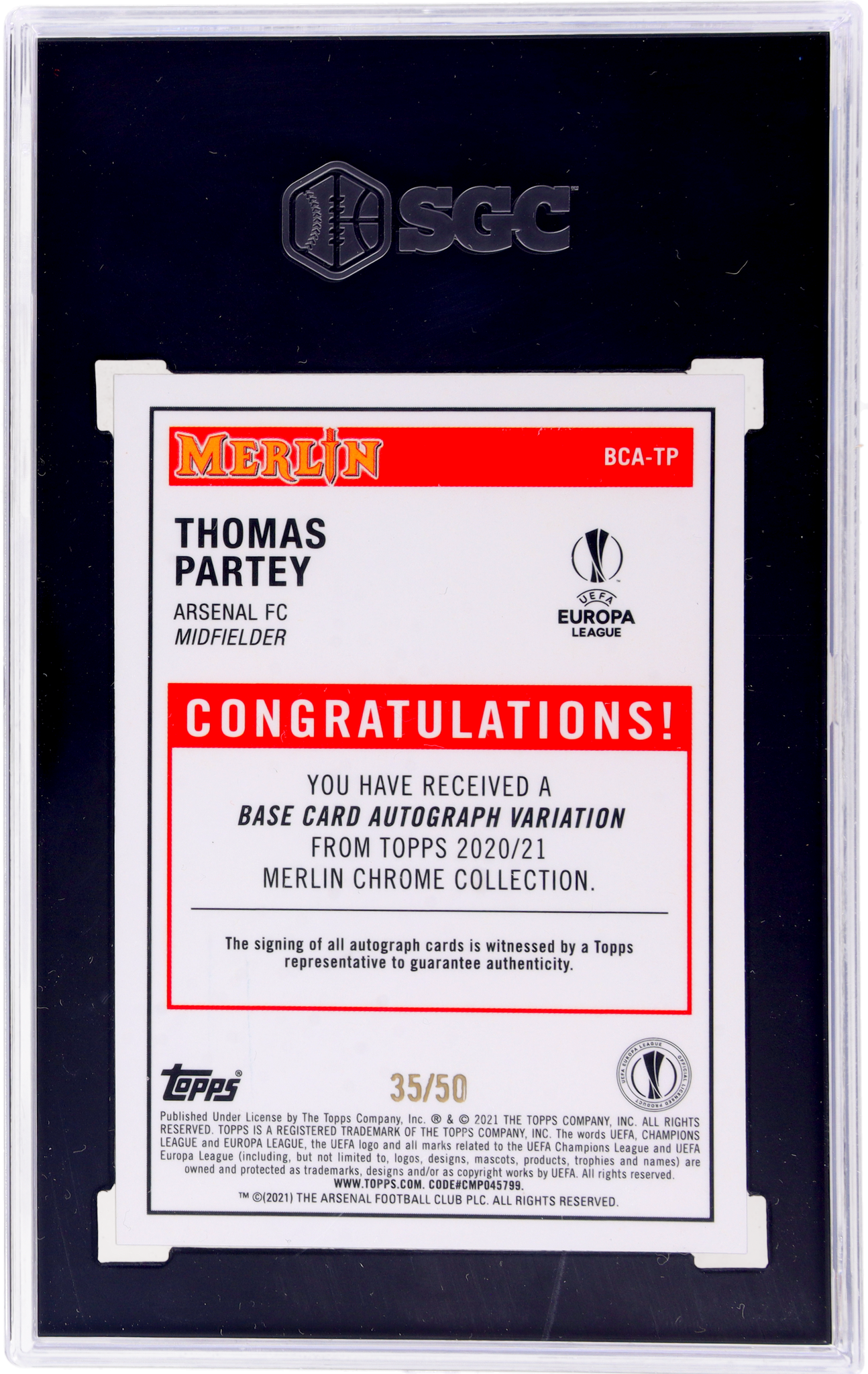 2020-21 Topps Chrome Merlin Uefa #BCA-TP Thomas Partey Auto. Gold Refractor 35 SGC 10