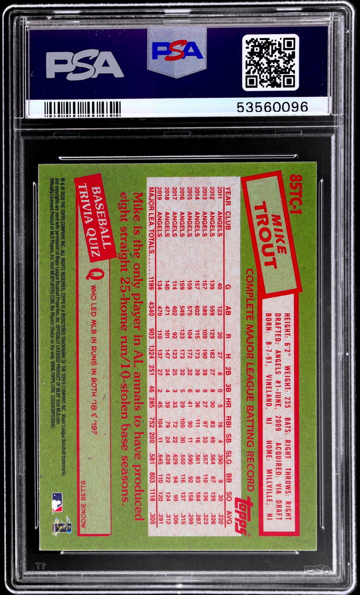 2020 Topps Chrome 1985 Mike Trout #85TC1 Refractor PSA 10